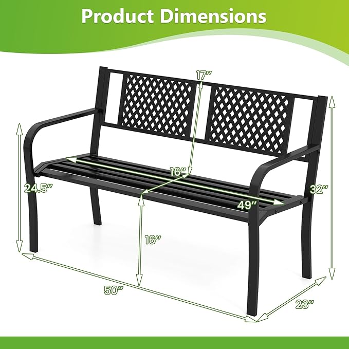 Tangkula Metal Outdoor Garden Bench, 50 Inches Patio Bench with Patterned Backrest and Curved Armrests, 2-3-Person Outside Bench, Heavy-Duty Metal Loveseat Chair for Porch, Lawn & Yard