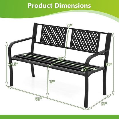 Tangkula Metal Outdoor Garden Bench, 50 Inches Patio Bench with Patterned Backrest and Curved Armrests, 2-3-Person Outside Bench, Heavy-Duty Metal Loveseat Chair for Porch, Lawn & Yard