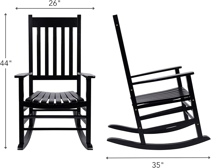 Shine Company Vermont Porch Rocker, High Back Acacia Wood Rocking Chair, Black