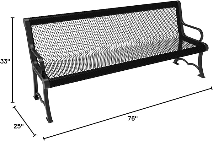 COATEDOUTDOORFURNITURE Heavy-Duty Outdoor Bench Thermoplastic Coated, Expanded Metal, Commercial-Grade Garden Bench, Made in America (Portable with Back, 6 Ft, Textured Black)