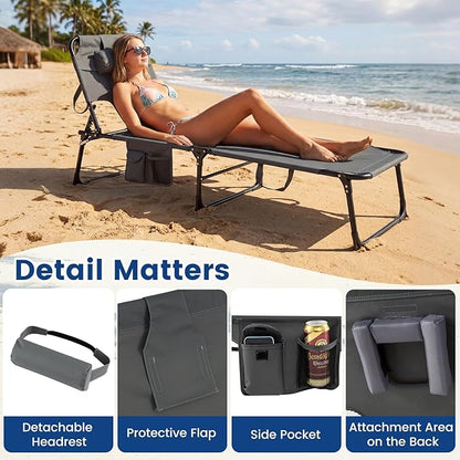 COSTWAY Folding Beach Lounge Chair, Tanning Chair with Face Hole, 5-Position Adjustable Backrest, Pillow & Side Pocket, Foldable Chaise Lounge Chair Outdoor for Sunbathing, Camping (1, Grey)