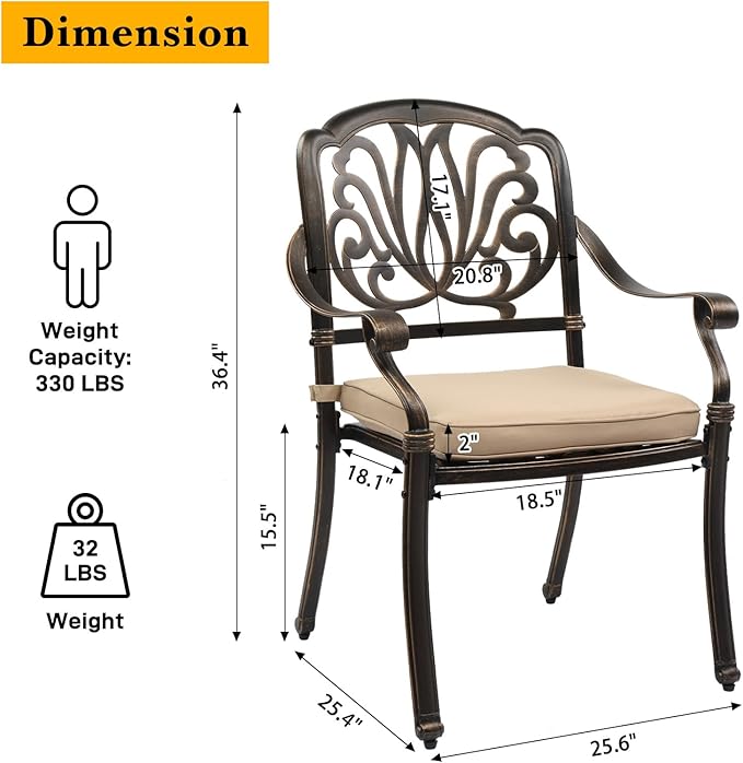 VINGLI Outdoor Dining Chairs Set of 4 with Cushion Aluminum Patio Chairs, Cast Aluminum Patio Furniture Aluminum Outdoor Chairs for Backyard, Poolside, Balcony Bronze (4, Elizabeth Back with Cushion)