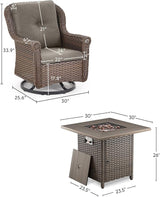 Outdoor Patio Swivel Gliders with Fire Pit Table 5 Piece Set - High Back Brown Wicker Rattan Rocking Chair with Thick - Photo 3