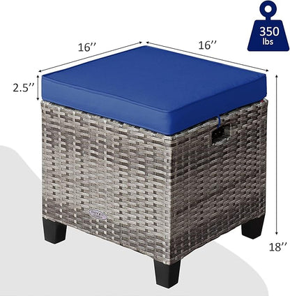 Tangkula 2 Pieces Patio Rattan Ottomans, Outdoor Wicker Footstool Footrest Seat with Soft Cushions and Steel Frame, All-Weather Patio Ottoman Set for Backyard Garden Poolside
