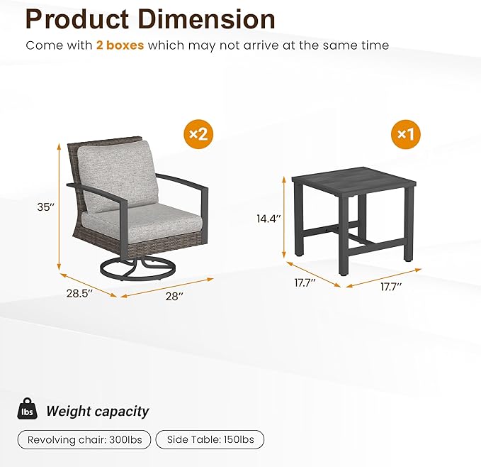 Green4ever 3-Pieces Patio Swivel Rocking Chairs Rocking with Sidetable, Metal Outdoor Rocking Chair, All Weather Rattan Patio Chairs for Porch, Bistro, Balcony, Grey
