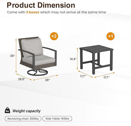 Green4ever 3-Pieces Patio Swivel Rocking Chairs Rocking with Sidetable, Metal Outdoor Rocking Chair, All Weather Rattan Patio Chairs for Porch, Bistro, Balcony, Grey