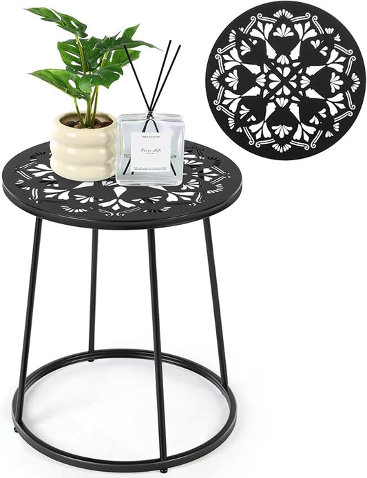 Outdoor Side Table with Flower Cut Outs 14" Weather Resistant Metal Patio Side Tables Small Plant Stand Round Outdoor End Table for Patio Outside Porch Balconies Garden(Black,Simple)