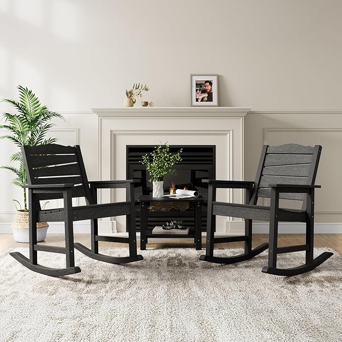 Patio Rocking Chair, Weatherproof HIPS Outdoor Rocking Chair for Adults, 400LBS Support Heavy Duty Porch Rocking Chairs for Garden, Lawn, Backyard, Outdoor and Indoor (Black)