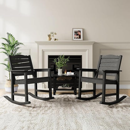 3-Piece Patio Rocking Chairs Set, Weatherproof HIPS Outdoor Rocking Chair for Adults, 400LBS Support Rocking Chairs with Table for Garden, Porch, Backyard and Indoor, Black
