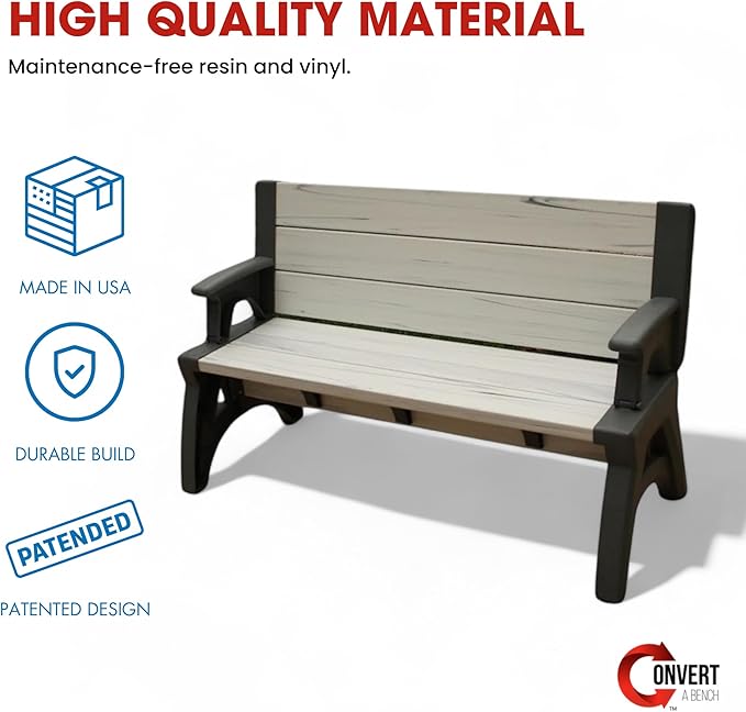 Convert-a-Bench 2-in-1 Outdoor Bench & Picnic Table - Foldable, Weather-Resistant Seating - Perfect for Patio, Lawn, Garden, Deck - Durable Construction, Easy Assembly, 1 Bench/Order Mocha Driftwood