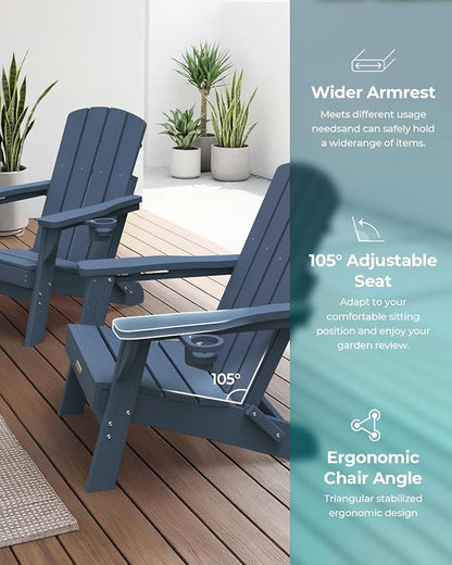 Folding Adirondack Chair 6 Pack, HDPE All-Weather Fire Pit Chairs, Plastic Adirondack Chairs with 2 Cup Holder, Outdoor Lawn Chair for Patio Garden (New Blue)