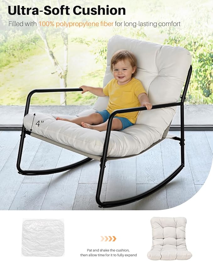 Outdoor Rocking Chair, Metal Patio Rocking Chair, Indoor Rocking Chair with Cushion, Papasan Rocking Lounge Chair, Comfy Modern Rocker Chair for Porch, Living Room, Garden, Backyard, Off-White