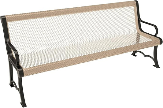 COATEDOUTDOORFURNITURE Coated Outdoor Furniture Heavy-Duty Outdoor Bench Thermoplastic Coated, Expanded Metal, Commercial-Grade Garden Bench, Made in America (Portable with Back, 6 Ft, Tan)