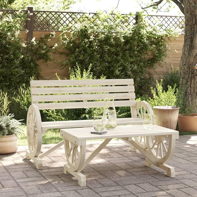 Outdoor Garden Bench with Coffee Table, Solid Fir Wood Patio Furniture Set, Rustic Farmhouse 2-Seater Lounge Seating for Backyard, Terrace, and Deck