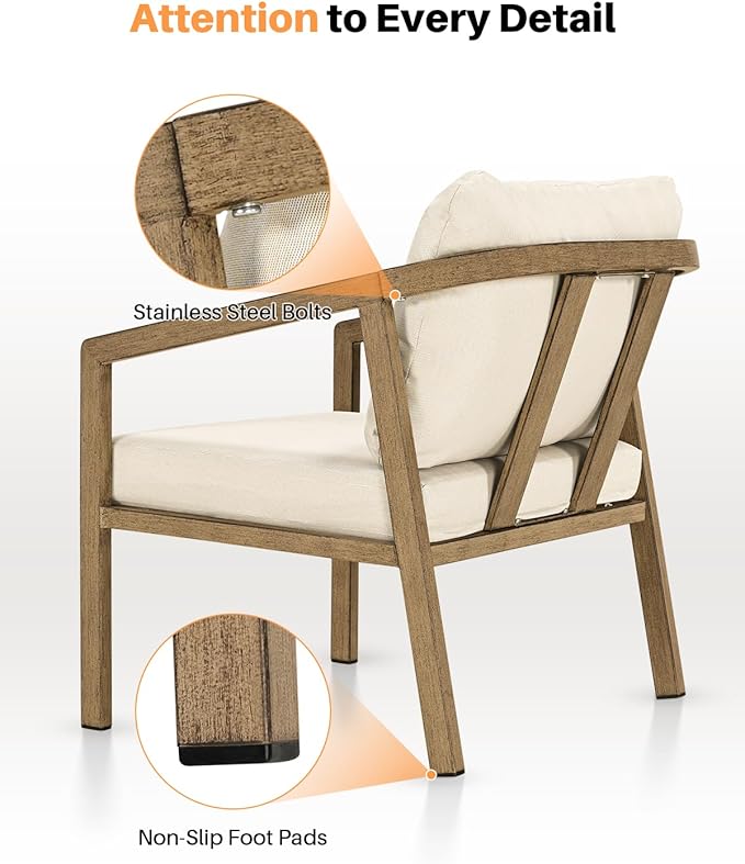 Teak Patio Sofa Chairs Set of 2, Never-Rust Aluminum Outdoor Armchair with Removable Cushions, All Weather 2 Pieces Outdoor Club Chairs, Outdoor Sofa Chairs for Garden, Porch, Balcony | Never-Rust, Wraparound Design, Wood-Grain Texture, All Weather, Re...