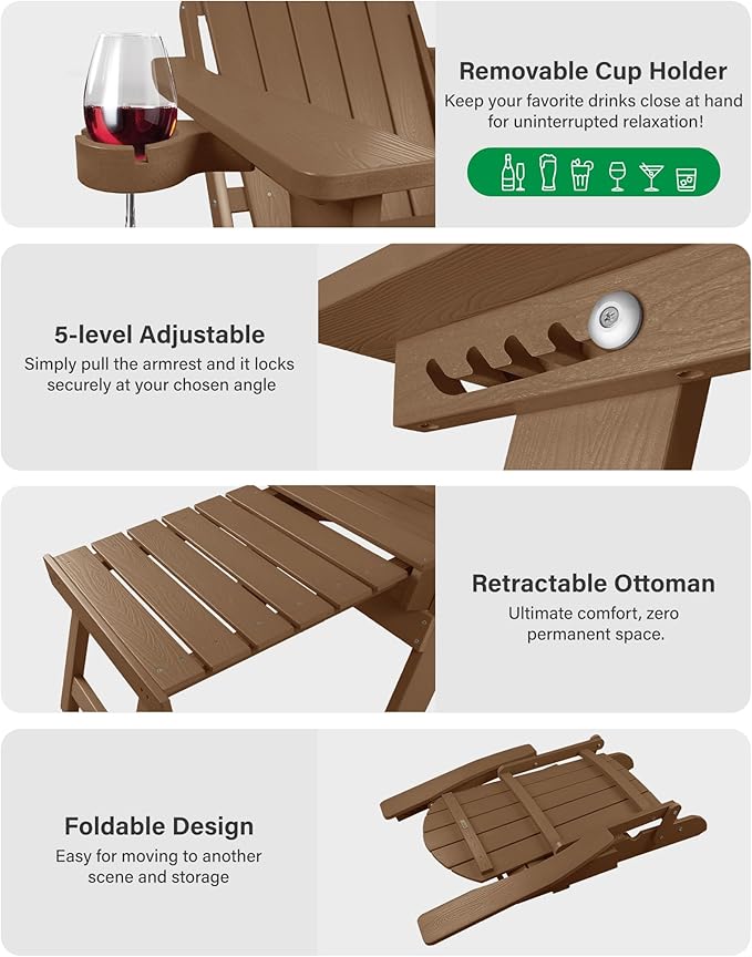 YEFU Adjustable Adirondack Chair with Footrest, 5-Level Adjustable Adirondack Chair with Retractable Ottoman & Cup Holder, Folding Adirondacks Chairs Use for Outdoor, Pool, Patio, Fire Pit
