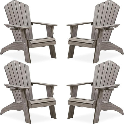 Psilvam Oversized Adirondack Chair, Fade-Resistant & Odor-Free Poly Lumber Fire Pit Chairs with Cup Holder, Weatherproof Lawn Chair, Easy 15 Min Install Patio Chair, 350 Lbs Support (4, Light Gray)