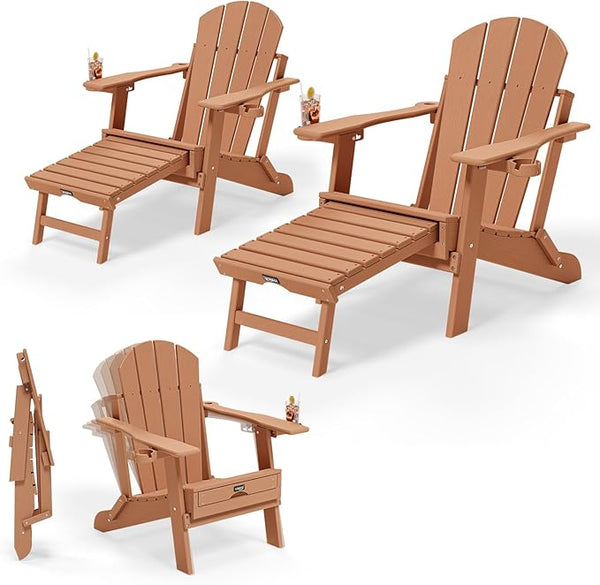 VINGLI Back-Adjustable Plastic Folding Adirondack Chairs Set of 2, Teak - Photo 1