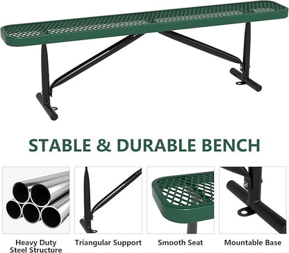 6ft Outdoor Metal Park Bench, 72" L Green Backless Bench Weatherproof Porch Furniture Patio Seating, Commercial Heavy Duty Bench for Outside, Lawn, Backyard, Park, Deck, Garden, Patio, School