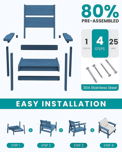 SERWALL HDPE Outdoor Couch Set of 2, Blue Frame and Khaki Cushion