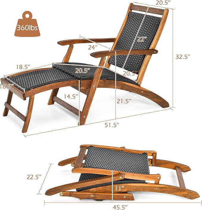 HAPPYGRILL Acacia Wood Chaise Lounge With Retractable Footrest - Rattan Wicker Folding Collapsible Chair for Poolside - Photo 3