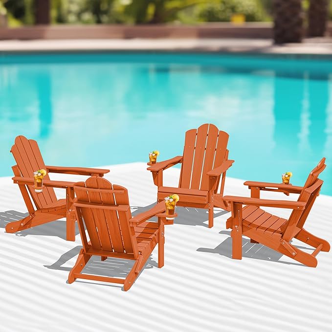 KINGYES Folding Adjustable Adirondack Chairs Set of 4, HDPE All Weather Use Reclining Adirondack Chair, Outdoor Adirondack Chair- Orange