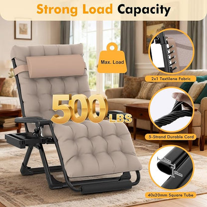 Slendor Oversized Zero Gravity Chairs XXL, Padded Zero Gravity Lounge Chair, Lawn Recliner, Folding Patio Reclining Chair w/Aluminum Alloy Lock, Headrest, Cup Holder, Support 500lbs, Khaki