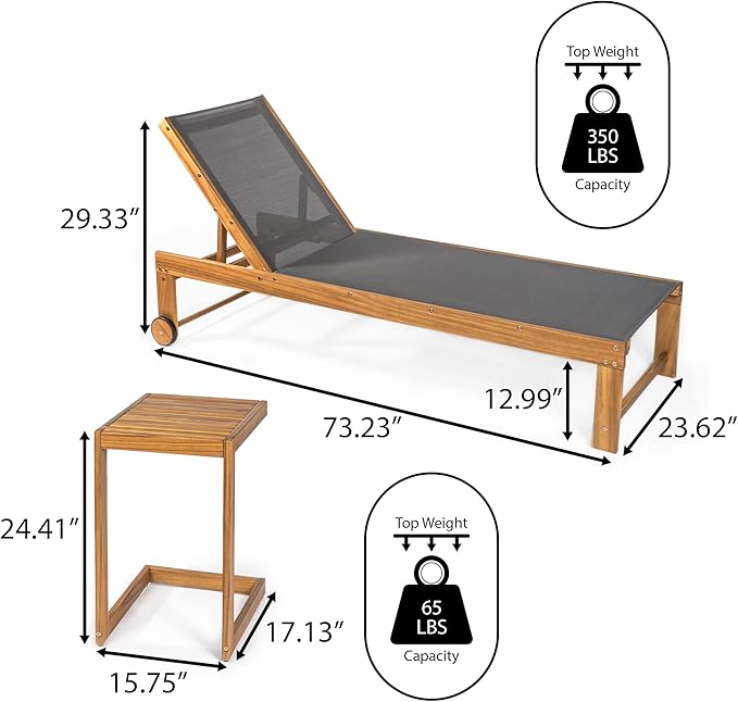 JONATHAN Y LNG1100A-2SET Trabuco Coastal Modern Acacia Wood Mesh 3-Position Outdoor Chaise Lounge Set with Side Table Transitional, Classic, Minimalist, Traditional, Contemporary, Dark Gray/Teak Brown