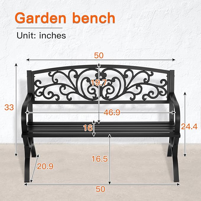 50" Black Metal Garden Bench - 2-Person Outdoor Loveseat with Floral Design, 485 lbs Capacity for Patio, Porch & Yard