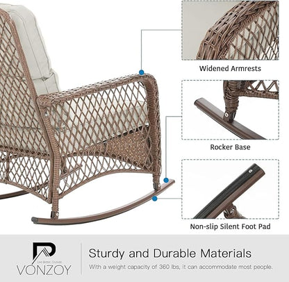 Patio Furniture Set 3 Pieces, Rocking Bistro Set with Thick Cushions, Brown Wicker Outdoor Rocker Chairs and Coffee Table for Porch, Backyard or Garden (Pale White)