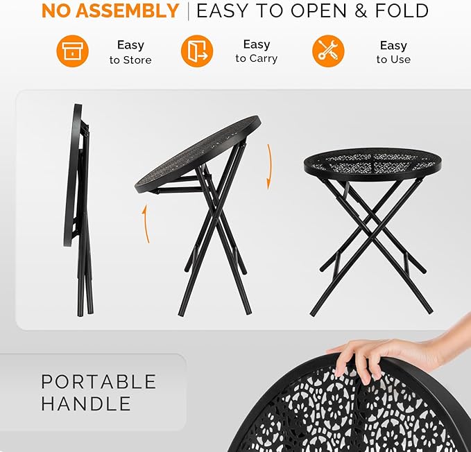 Patio Folding Side Table, Round Outdoor End Table,18 inch Folding Patio Side Table, Metal Steel Outdoor Round Coffee Table with Flower Cutouts for Patio Yard Balcony Garden, Black