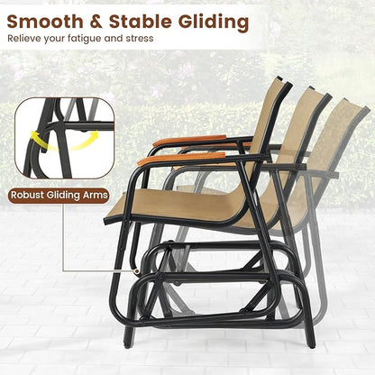Tangkula Patio Glider Chair, Swing Gliding Armchair w/Curved Teak Armrests & Breathable Fabric Seat, Outdoor Metal Frame Rocking Chair Set for Porch, Backyard, Poolside (2 Pack)