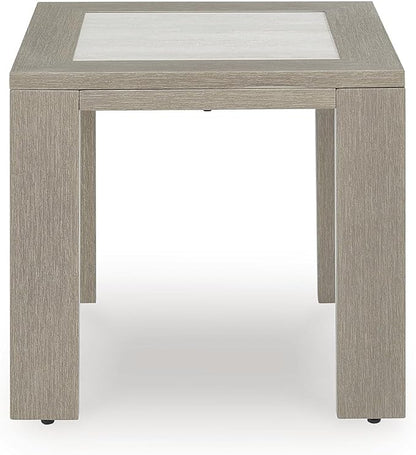Signature Design by Ashley Kimpton Isle Cottage Sintered Stone Tabletop Outdoor End Table with 4 Legs, Light Brown & Beige