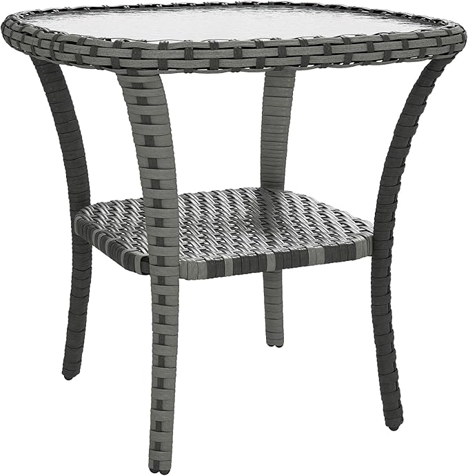 Outsunny Rattan Coffee Table with Storage Shelf, Wicker Side Table with Glass Top, Outdoor End Table for Garden, Porch, Backyard, Mix Gray