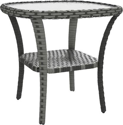 Outsunny Rattan Coffee Table with Storage Shelf, Wicker Side Table with Glass Top, Outdoor End Table for Garden, Porch, Backyard, Mix Gray