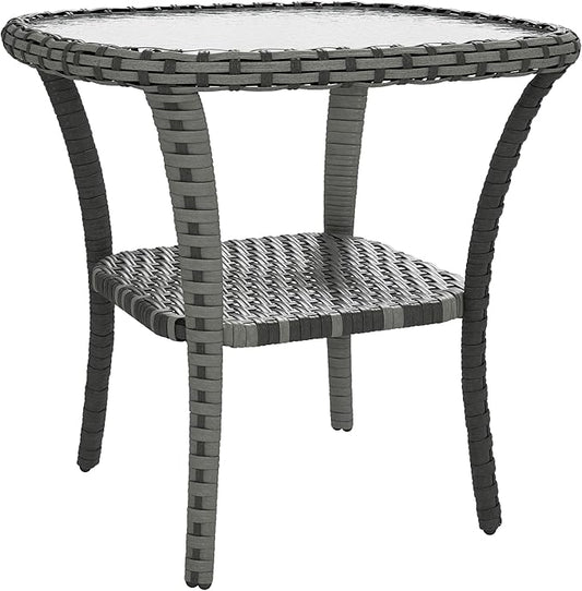 Outsunny Rattan Coffee Table with Storage Shelf, Wicker Side Table with Glass Top, Outdoor End Table for Garden, Porch, Backyard, Mix Gray