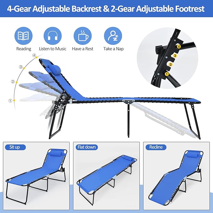 Giantex Patio Chaise Lounge Chair - 16” High Folding Tanning Chair with Removable Headrest, 4-Gear Backrest, 2-Position Anti-Skid Foot-Pads, Sunbathing Beach Chair, Set of 2 Camping Cot, Navy