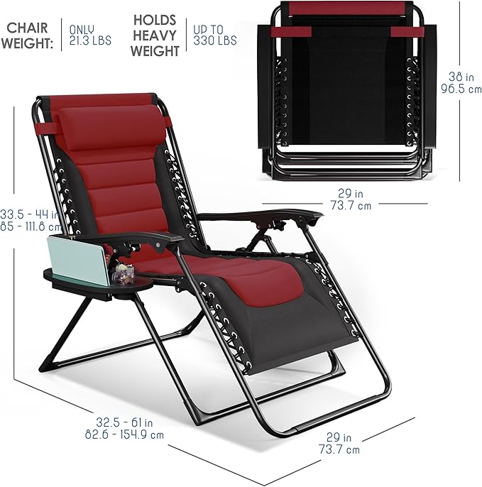 Nestl Outdoor Padded Zero Gravity Chair Set of 2, Patio Lounge Chair Outdoor Recliner, Oversized Anti Gravity Lounger with Adjustable Headrest and Cup Holder, Foldable for Camping - Black/Burgundy