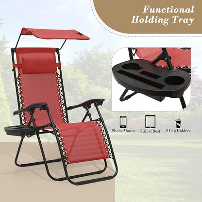 Athena Collection Patio Chairs Set of 2 Reclining Lounge Chair with Cup Holder and Pillow Fabric Camping Chairs with Canopy Foldable Beach Chairs for Garden, Park, Deck, Yard, Poolside, Maroon