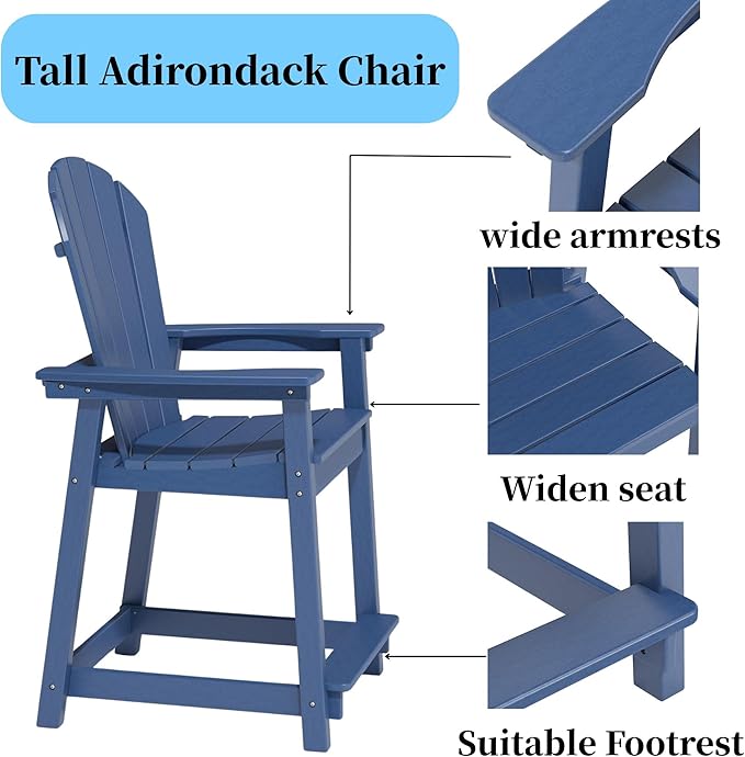 Outdoor Tall Adirondack Chair, HDPE Weather Resistant Outdoor Chair for Garden, Perfect for High Top Table & Chairs on Your Balcony, Capacity 400LBS, Navy Blue