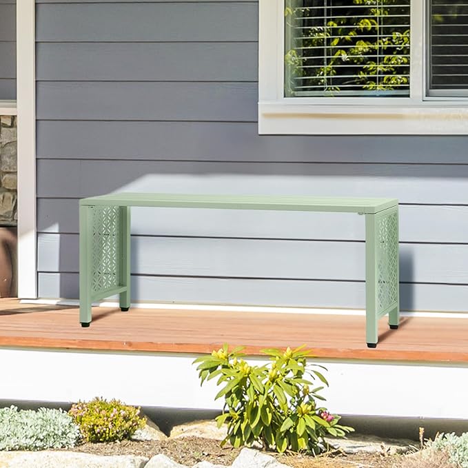 VINGLI 40in Outdoor Metal Bench, All-Weathe Backless Patio Bench with Slatted Seat＆Floral Side Panels - Photo 8