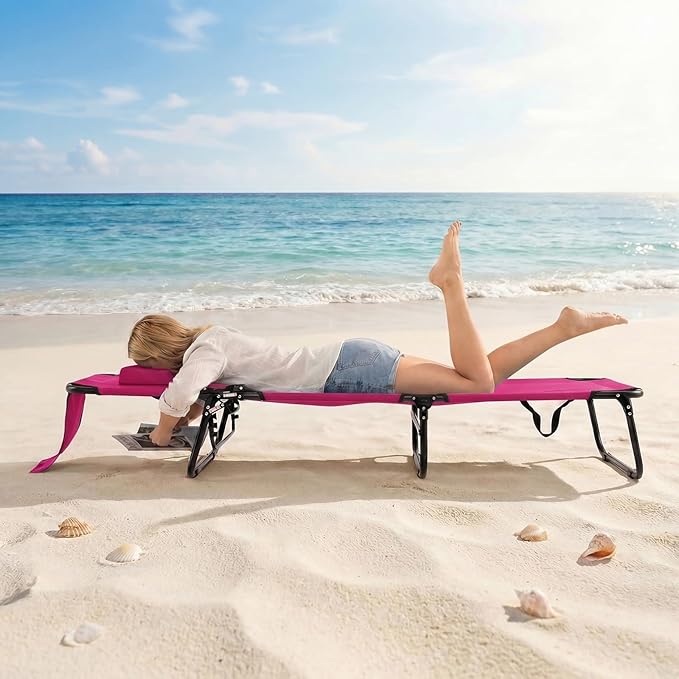 GYMAX Tanning Chair, Folding Lounge Chairs with Face Hole & Cover, Removable Pillow Carry Handle - Photo 2
