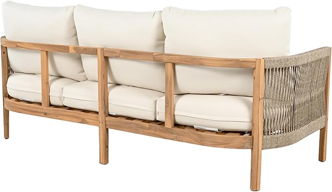 Christopher Knight Home Havets 77"W Outdoor 3 Seater Sofa, 6" Thick Cushion Couch, Acacia Wood Bench Sofa, Comfy Woven Rope Armchair, Spacious Seating Bench Couch for Backyard Garden Porch, Teak+Beige