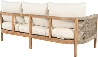 Christopher Knight Home Havets 77"W Outdoor 3 Seater Sofa, 6" Thick Cushion Couch, Acacia Wood Bench Sofa, Comfy Woven Rope Armchair, Spacious Seating Bench Couch for Backyard Garden Porch, Teak+Beige