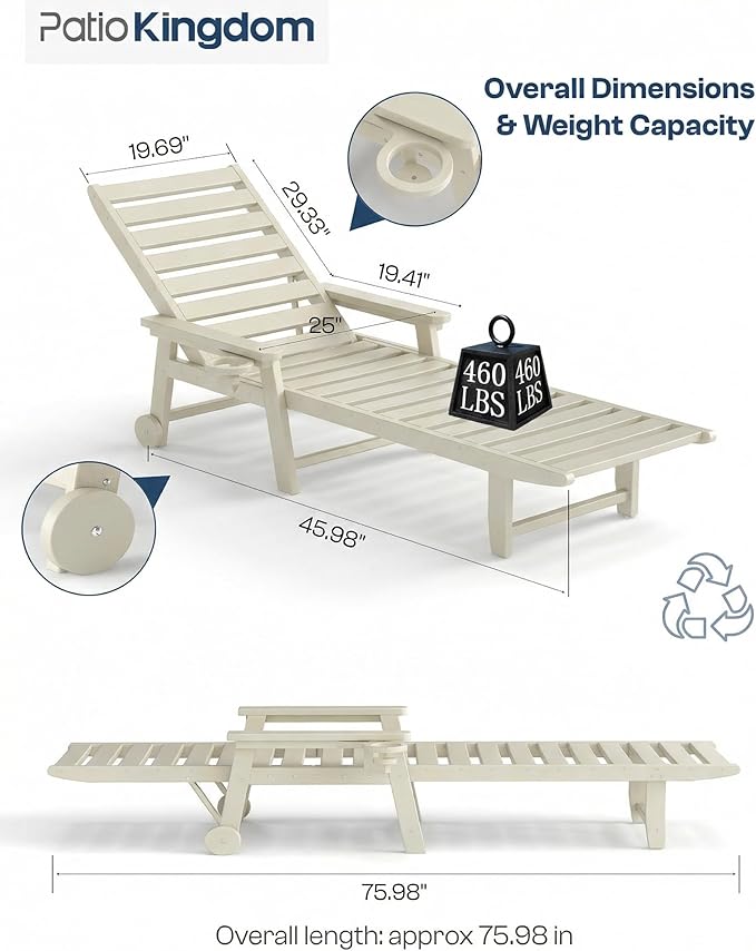 Adjustable Lounge Chair Outdoor Set of 6, HDPE Outdoor Chaise Lounge with Cup Holder & Wheels - Photo 6