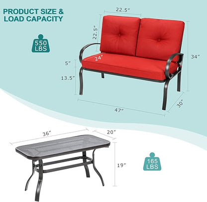 DORTALA 2-Piece Patio Furniture Set, Outdoor Indoor Loveseat and Coffee Table Set, Outdoor Sofa Metal Garden Bench with Soft Cushions, for Balcony, Lawn,Porch, Poolside, Red