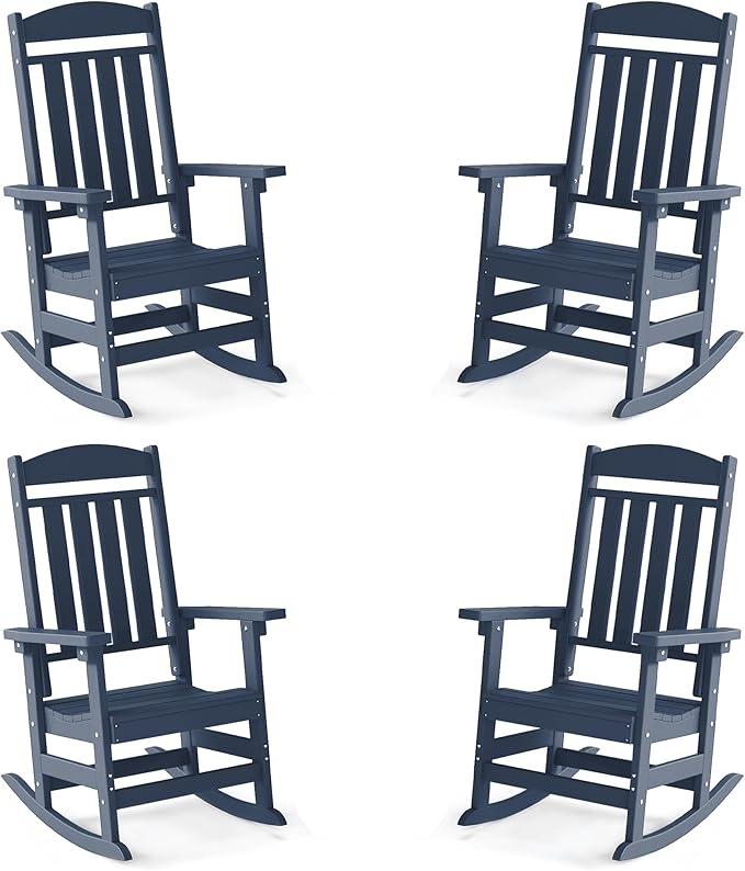 FOOWIN Outdoor Rocking Chair Set of 4, High Back Patio Rocking Chair, HDPE All Weather Resistant Porch Rocker for Adult, Oversized Rocking Chairs for Garden, Lawn, Indoor & Outdoor Use, Navy Blue