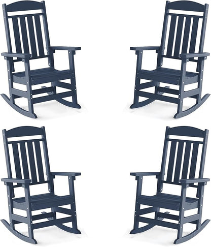 FOOWIN Outdoor Rocking Chair Set of 4, High Back Patio Rocking Chair, HDPE All Weather Resistant Porch Rocker for Adult, Oversized Rocking Chairs for Garden, Lawn, Indoor & Outdoor Use, Navy Blue