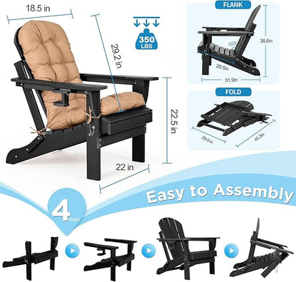 nalone Folding Adirondack Chair with Cushion with Cup Holder, HDPE Plastic Oversized Patio Chair Weather Resistant, Used in Outdoor, Fire Pit, Deck, Garden, Campfire Chairs (Black)