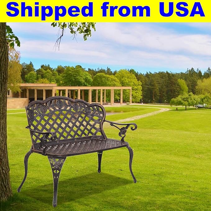 DANGRUUT Best Outdoor Metal Garden Bench, 42.5" Durable Aluminium Park Rose Bench, Antique Finish Chair 2-Person Seat for Patio Yard Deck Furniture, Load Capacity 530lbs, Bronze